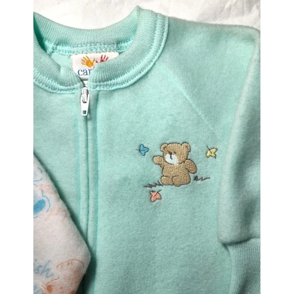 Vtg Carter's Fleece Baby Sleepers 0 6‎ Mos Up To 18lbs White Green Cat Dog Bear